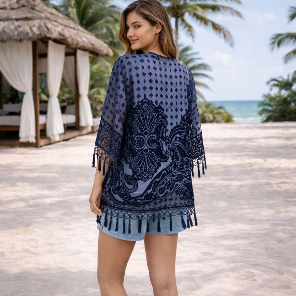 Sheer Burnout Velvet Beaded Kimono Women O/S Navy Blue Tassels Whimsigoth